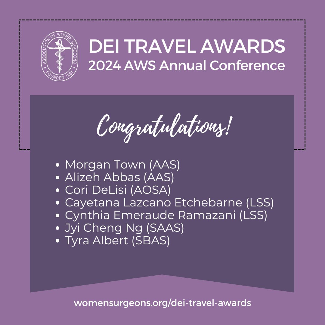 WomenSurgeons's tweet image. The DEI Travel Awards, offered with our partners @AsianAcadSurg, @SocietyofBAS, @LatinoSurgery, @AcademicSurgery and @OutSurgeons, cover up to $750 for students &amp;amp; residents to attend #AWS2024. Congrats to the 2024 awardees!

womensurgeons.org/dei-travel-awa…