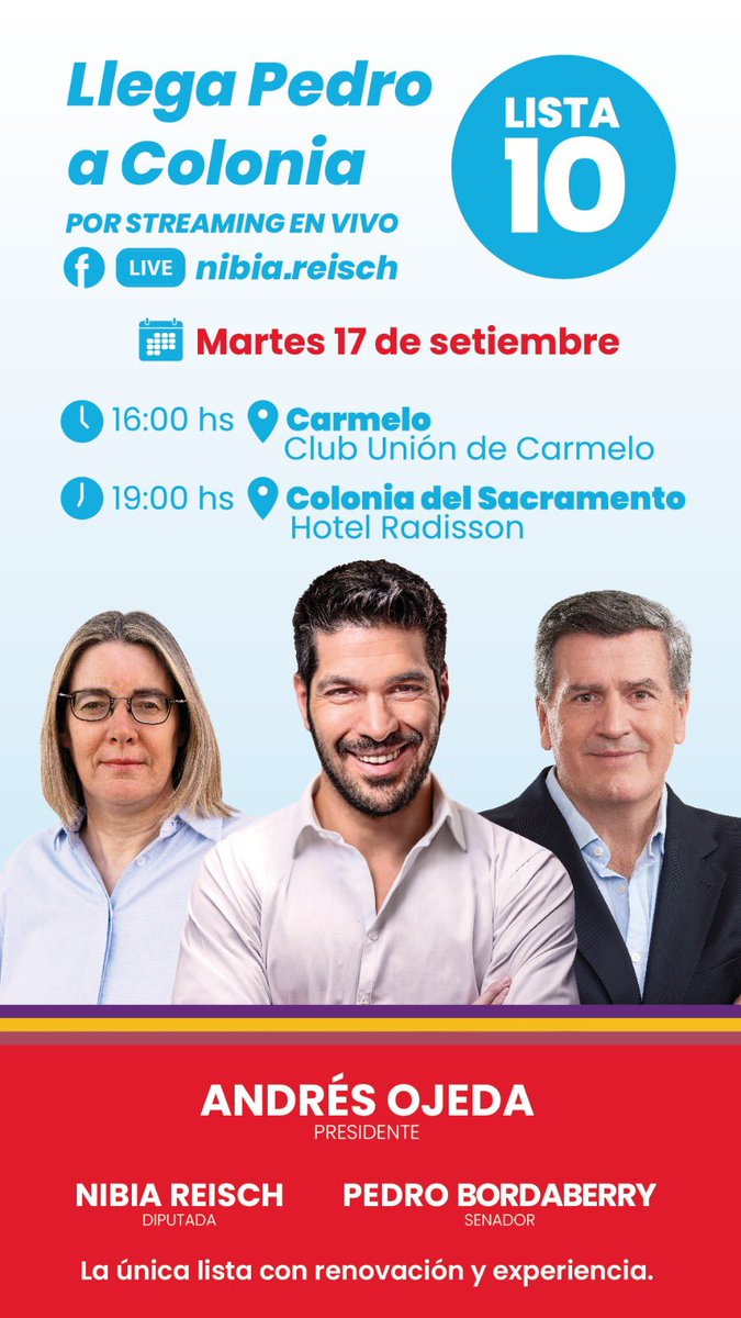 Hoy en Colonia con @NibiaReisch por streaming; Bordaberry con Ojeda; Lista 10 Vamos Uruguay!