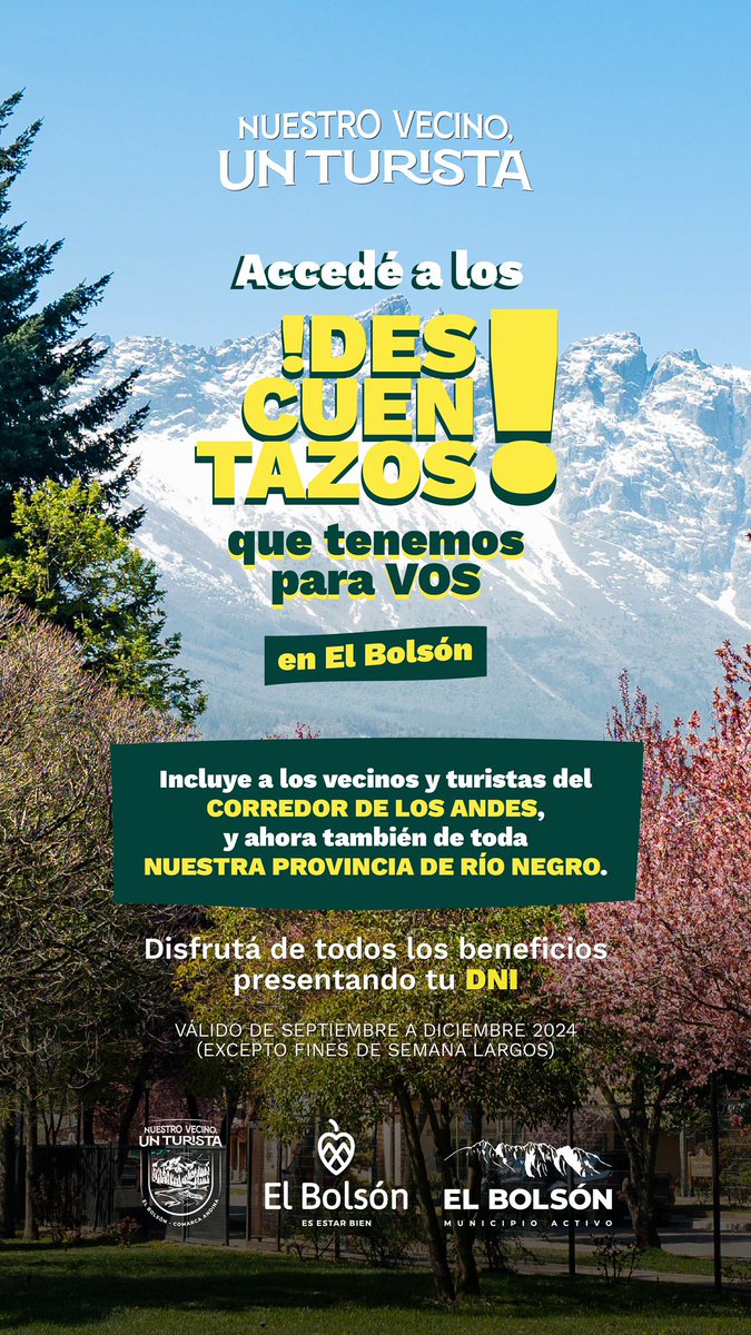 🌄 ¡Descubrí El Bolsón como nunca antes! 🌟 Conoce los descuentos del programa #NuestroVecinoUnTurista en turismoelbolson.gob.ar/nuestrovecinou… y vivi una experiencia única en nuestra maravillosa región 🏞️✨. ¡Te esperamos! #Turismo #ElBolsón #Patagonia #Argentina