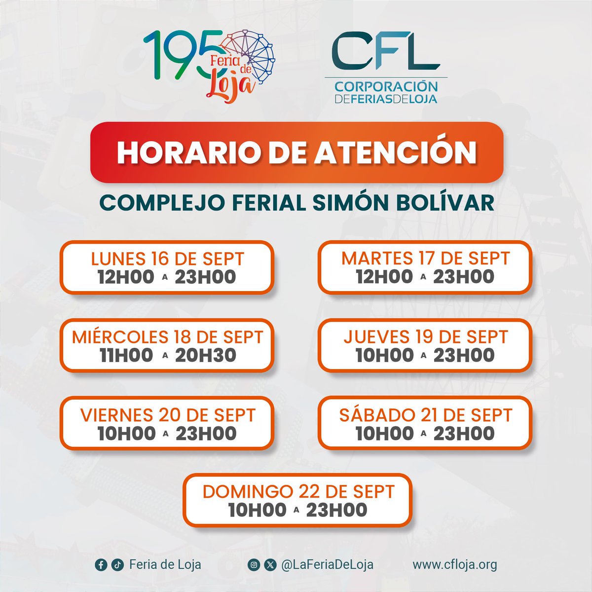 ✅Revisa nuestro horario de la última semana de la #195FeriaDeLoja y no te pierdas la oportunidad de vivir la magia de la Feria de Loja.