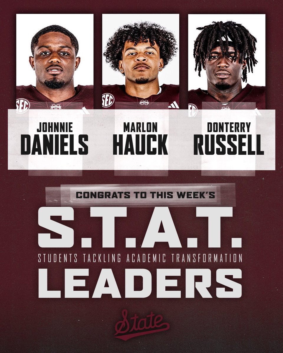 Mississippi State Football (@hailstatefb) on Twitter photo Congrats to This Week’s <a href="/HailStateStudy/">MSU Athletic Academics</a> S.T.A.T. Leaders!
<a href="/Jdaniels__2/">Johnnie Daniels</a>
<a href="/MarlonHauck/">Marlon H.</a>
<a href="/DonterryR/">donterry russell</a>
#SHOWTIME | #HailState Congrats to This Week’s <a href="/HailStateStudy/">MSU Athletic Academics</a> S.T.A.T. Leaders!
<a href="/Jdaniels__2/">Johnnie Daniels</a>
<a href="/MarlonHauck/">Marlon H.</a>
<a href="/DonterryR/">donterry russell</a>
#SHOWTIME | #HailState