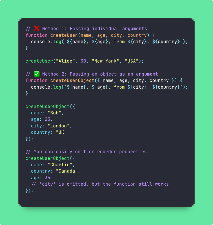 alex_sashchuk's tweet image. 💡JavaScript Tip 🔴

When a function has 3+ parameters, use an object instead of individual arguments.

Why use this pattern?
- Enhances readability
- Allows optional parameters easily
- Prevents position-based errors
- Simplifies future updates

P.S. I know this tip is common,…