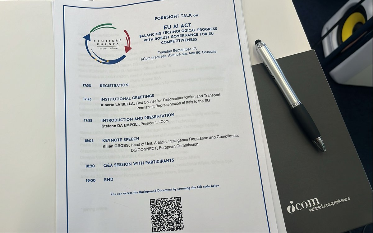 🚀Today, I-Com's "Cantiere Europa" has its first Brussels event. 
<a href="/albertolabella/">Alberto La Bella</a> and Kilian Gross (<a href="/DigitalEU/">Digital EU 🇪🇺</a>) joined us for a discussion on the #AI Act and on how to balance #technological progress with robust governance to foster 🇪🇺 #competitiveness.