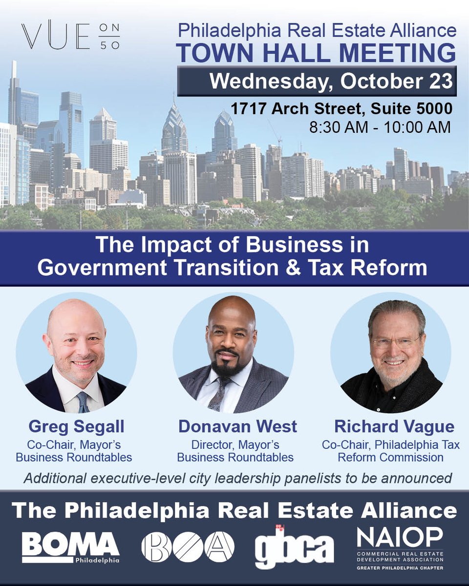 Join us at the next PREA Town Hall on Wednesday, October 23. You'll hear from expert panelists about the impact of business in government transition and tax reform.   <a href="/BOMAPhilly/">BOMA Philadelphia</a> <a href="/BIAPhilly/">BIAOfPhiladelphia</a> <a href="/GBCA/">GBCA</a> #NAIOPPHL
eventbrite.com/e/naiop-member…