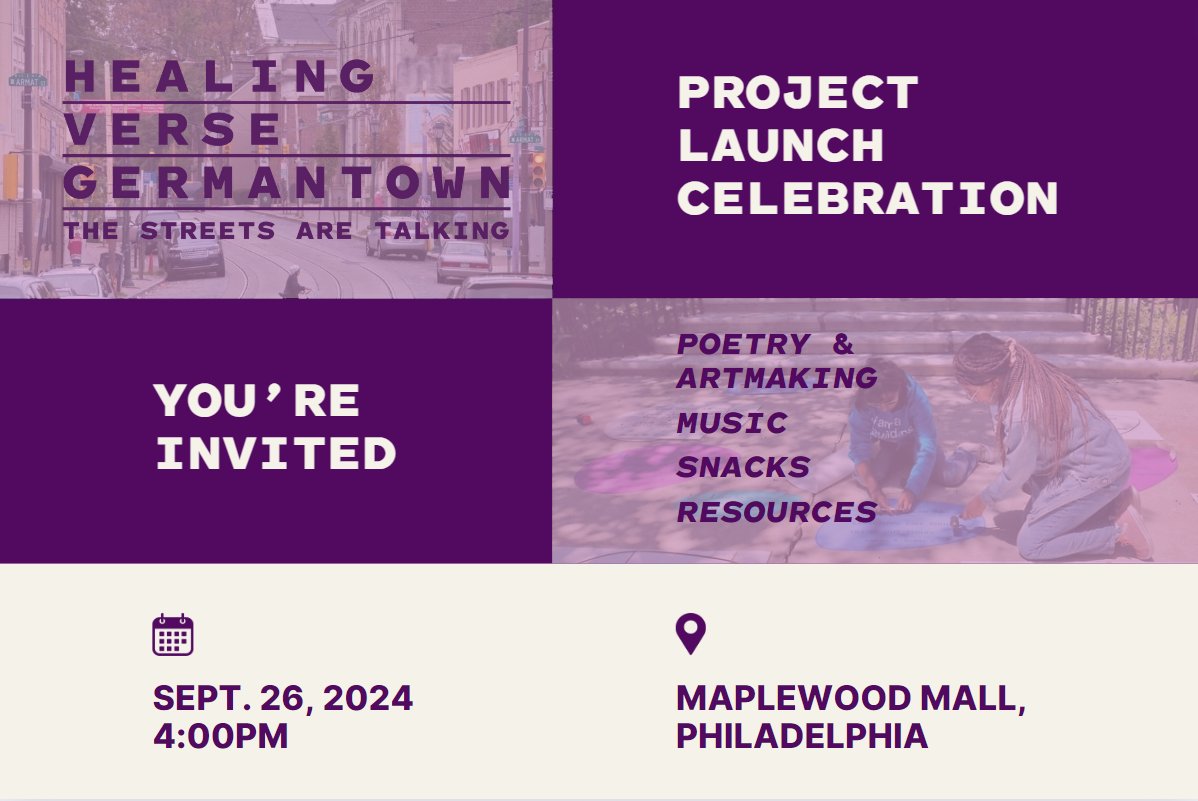 Join us Sept. 26, 4pm @ Maplewood Mall for the #HealingVerseGermantown project launch w/ poetry, artmaking, music &amp; more. We invite all connected to Gtown to engage in this poetry &amp; public art project cultivating peace &amp; resistance against gun violence.
➡️bit.ly/HVGlaunch
