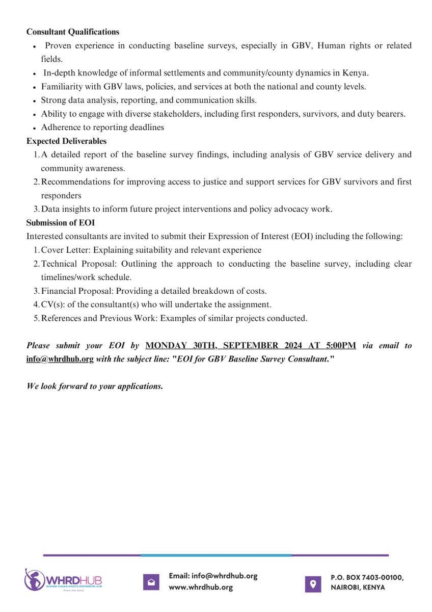 Women Human Rights Defenders Hub - The Kenya Hub (@whrdhub) on Twitter photo CALL FOR EXPRESSION OF INTEREST (EOI)
๐ฆ๐ฒ๐ฒ๐ธ๐ถ๐ป๐ด ๐ฎ ๐๐ผ๐ป๐๐๐น๐๐ฎ๐ป๐ ๐๐ผ ๐๐ผ๐ป๐ฑ๐๐ฐ๐ ๐๐ฎ๐๐ฒ๐น๐ถ๐ป๐ฒ ๐ฆ๐๐ฟ๐๐ฒ๐ ๐ผ๐ป ๐๐ต๐ฒ ๐ฃ๐ฟ๐ผ๐ท๐ฒ๐ฐ๐: "๐๐ป๐ต๐ฎ๐ป๐ฐ๐ถ๐ป๐ด ๐๐ฐ๐ฐ๐ฒ๐๐ ๐๐ผ ๐๐ป๐ณ๐ผ๐ฟ๐บ๐ฎ๐๐ถ๐ผ๐ป ๐ฎ๐ป๐ฑ ๐ฆ๐ฒ๐ฟ๐๐ถ๐ฐ๐ฒ ๐๐ฒ๐น๐ถ๐๐ฒ๐ฟ๐ ๐ณ๐ผ๐ฟ ๐๐๐ฉ CALL FOR EXPRESSION OF INTEREST (EOI)
๐ฆ๐ฒ๐ฒ๐ธ๐ถ๐ป๐ด ๐ฎ ๐๐ผ๐ป๐๐๐น๐๐ฎ๐ป๐ ๐๐ผ ๐๐ผ๐ป๐ฑ๐๐ฐ๐ ๐๐ฎ๐๐ฒ๐น๐ถ๐ป๐ฒ ๐ฆ๐๐ฟ๐๐ฒ๐ ๐ผ๐ป ๐๐ต๐ฒ ๐ฃ๐ฟ๐ผ๐ท๐ฒ๐ฐ๐: "๐๐ป๐ต๐ฎ๐ป๐ฐ๐ถ๐ป๐ด ๐๐ฐ๐ฐ๐ฒ๐๐ ๐๐ผ ๐๐ป๐ณ๐ผ๐ฟ๐บ๐ฎ๐๐ถ๐ผ๐ป ๐ฎ๐ป๐ฑ ๐ฆ๐ฒ๐ฟ๐๐ถ๐ฐ๐ฒ ๐๐ฒ๐น๐ถ๐๐ฒ๐ฟ๐ ๐ณ๐ผ๐ฟ ๐๐๐ฉ