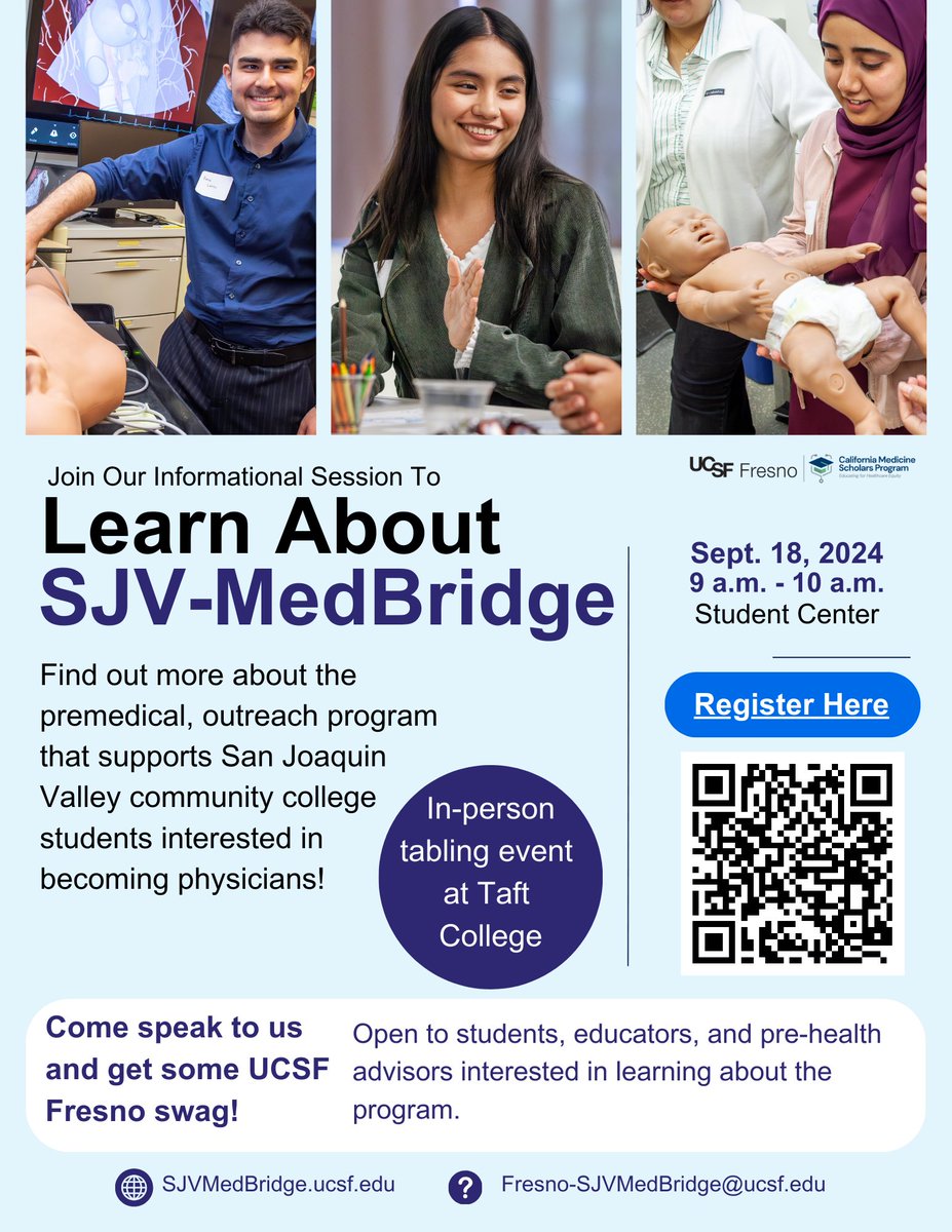 sjvpremed's tweet photo. We’re coming to YOUR campus!

This week, the SJV-MedBridge team is hitting the road to visit Bakersfield College, Porterville College, and Taft College! Stop by to learn more about our program and grab some swag while you're at it.

We can’t wait to meet you! https://t.co/7S3rWEgC42