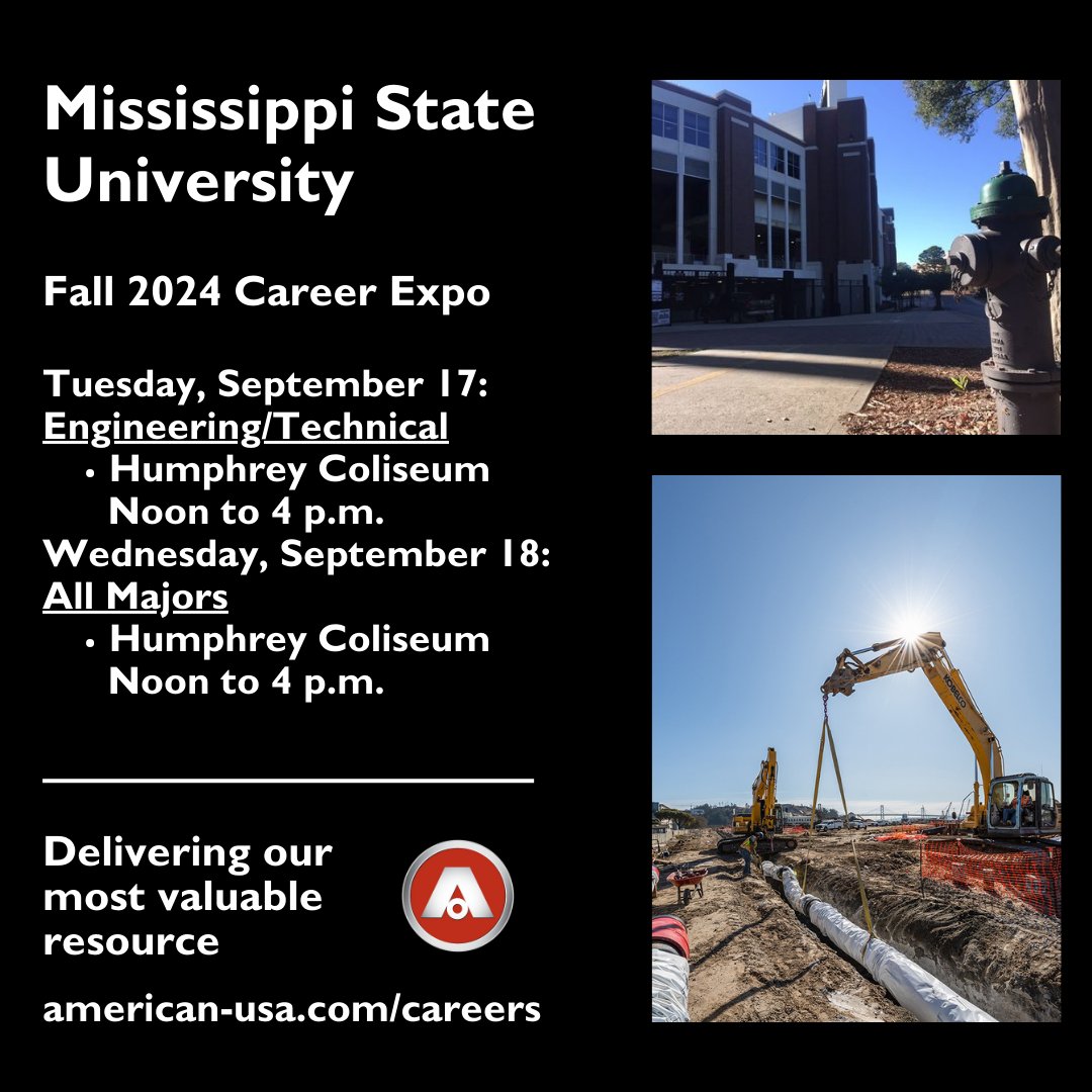 NewsatAMERICAN's tweet image. Attending @msstate 2024 Fall Expo today or tomorrow? Come see AMERICAN to learn about internships and full-time employment opportunities. And how we are building our nation&apos;s #waterinfrastructure and delivering our most valuable resource. #USmfg #bulldogs #HailState🐶 @msstate