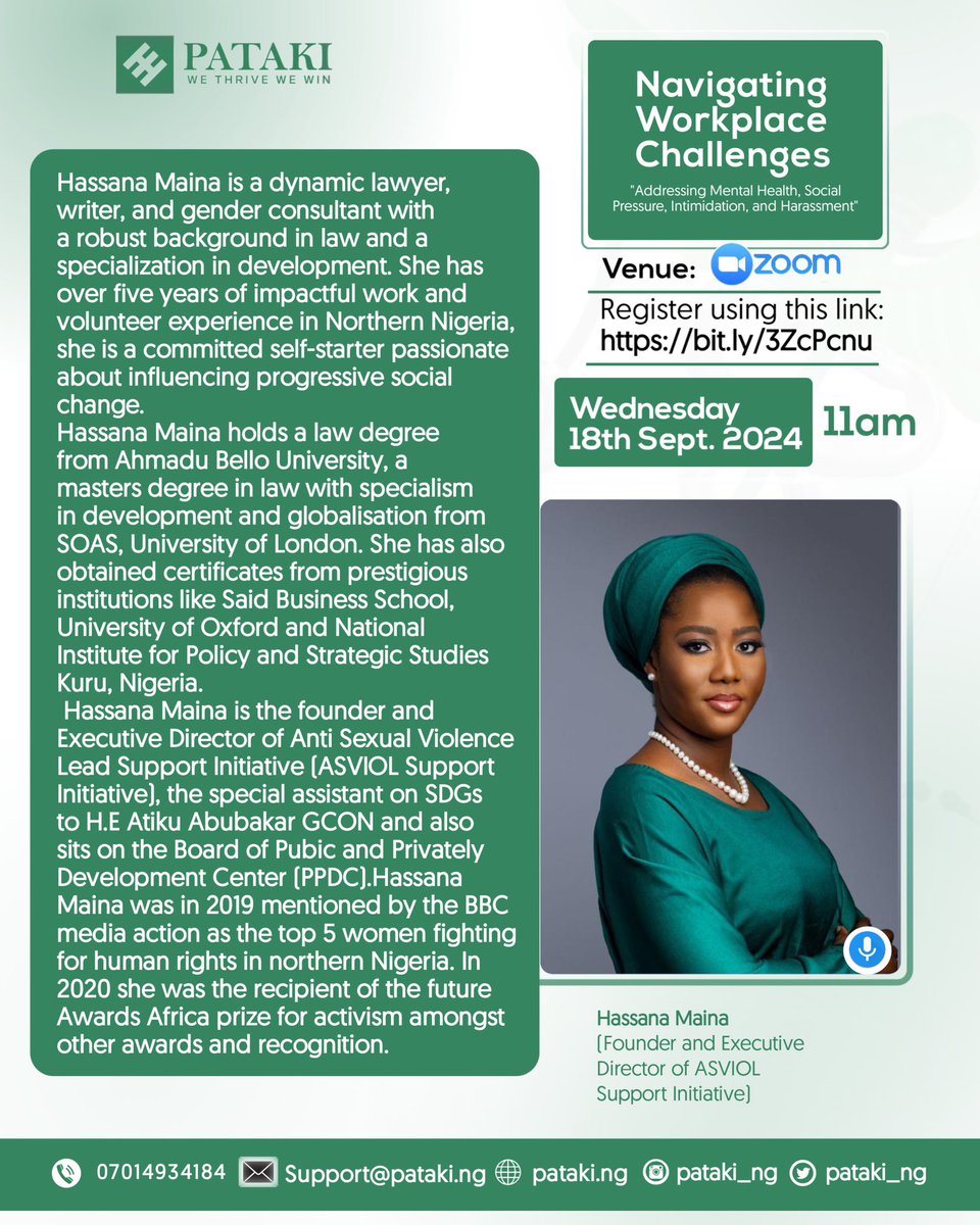 We are happy to let you know that Hassana Maina would be speaking at our forthcoming webinar taking place tomorrow. 
Register and attend to learn from the wealth of her knowledge 
Time: 11am
Platform: Zoom
Link: bit.ly/3ZcPcnu 
#workplacewellbeing