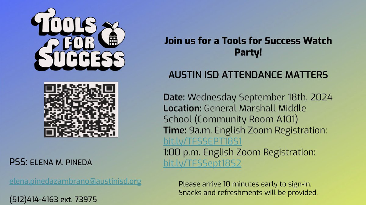 Join our Parent Support Specialist tomorrow on campus or via zoom for a Tools for Success watch party! We will be learning about AISD Attendance Matters!

See you there!