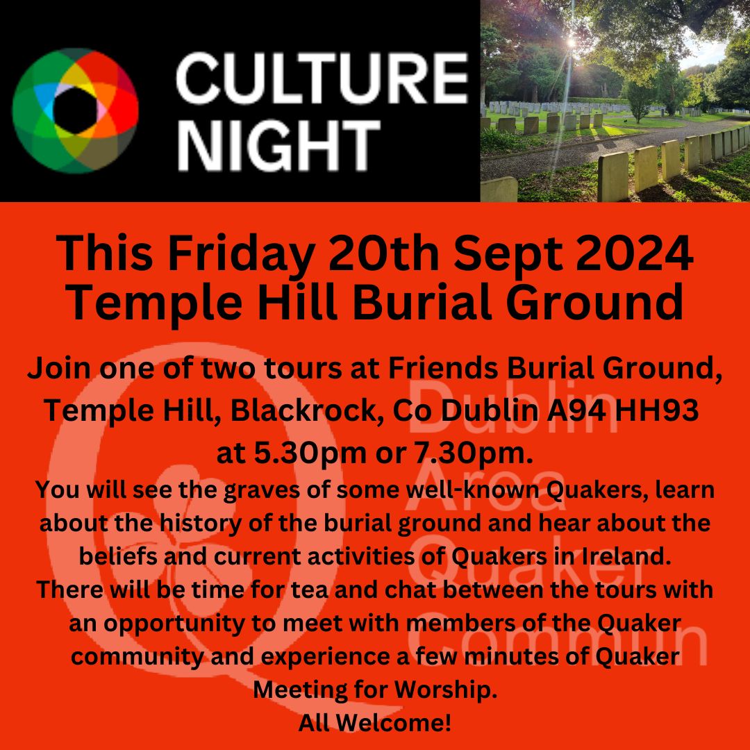 DAQCFriends's tweet photo. Friends would love to see you at Temple Hill for Culture Night this Friday 20th Sept.
https://t.co/9WHMAsSzaE 
#DAQC #QuakersDublin #CandlelitTour https://t.co/DU8R44t4BP