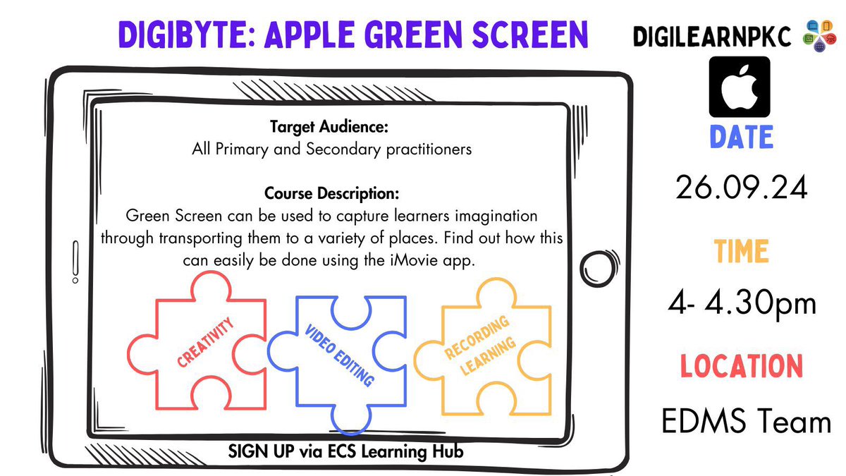 DigiLearnPKC (@digilearnpkc) on Twitter photo Our last training session of term 1 is happening on 26th September and it’s a goodie!!
<a href="/AppleEDU/">Apple Education</a> Green Screen!
This is more than just a bit of magic, this tool can spark imagination, bring to life creativity, inspire oral and written literacy and more
Sign up <a href="/EcsLearning/">ECS Learning Hub</a> Our last training session of term 1 is happening on 26th September and it’s a goodie!!
<a href="/AppleEDU/">Apple Education</a> Green Screen!
This is more than just a bit of magic, this tool can spark imagination, bring to life creativity, inspire oral and written literacy and more
Sign up <a href="/EcsLearning/">ECS Learning Hub</a>