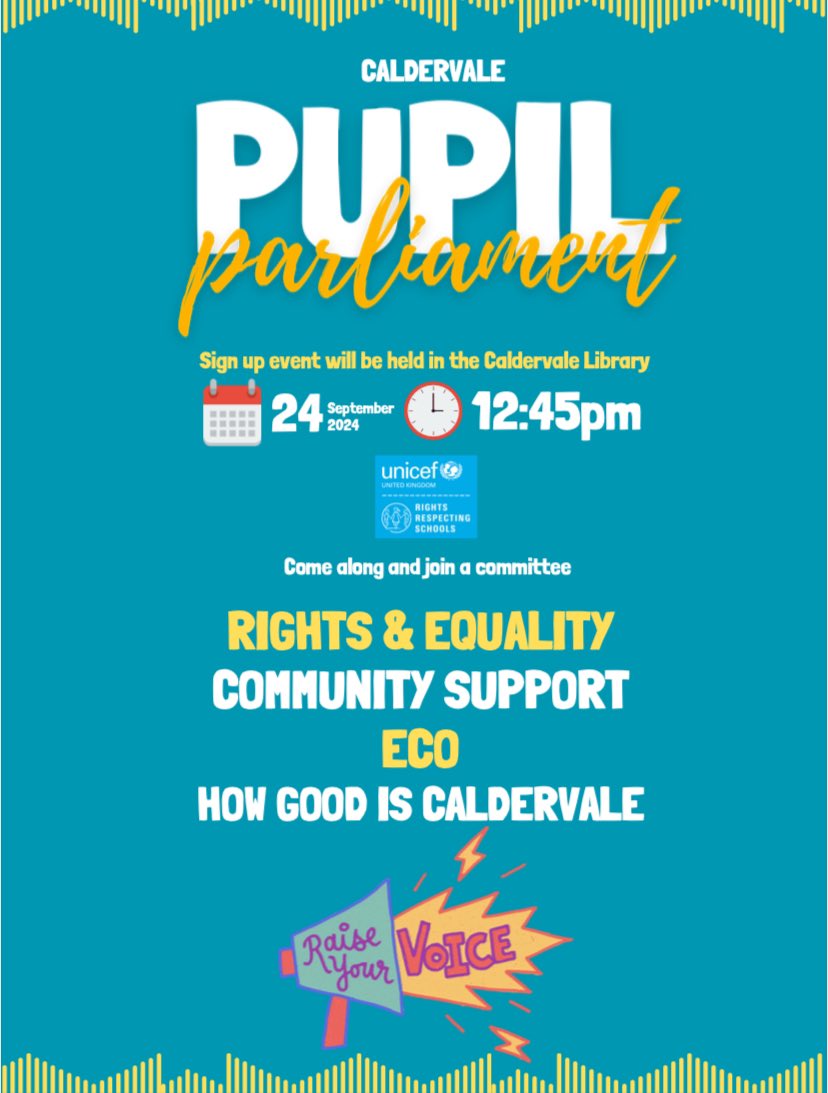 Caldervale High RRS (@caldervalerrs) on Twitter photo π£ Exciting opportunity! Join us for the Pupil Parliament sign-up session next Tuesday (24th September) at lunchtime in the library. Be a voice for your peers and make a difference! ππ¬ <a href="/CaldervaleHigh/">Caldervale High</a> #PupilParliament #rightsrespectingschool π£ Exciting opportunity! Join us for the Pupil Parliament sign-up session next Tuesday (24th September) at lunchtime in the library. Be a voice for your peers and make a difference! ππ¬ <a href="/CaldervaleHigh/">Caldervale High</a> #PupilParliament #rightsrespectingschool