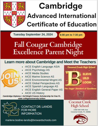 Coconut Creek High (@creekmagnet) on Twitter photo Cougar Families! Please join us Tuesday, Sept. 24th at 6:00 PM for our Cougar Cambridge Excellence Parent Night! Learn about our Cambridge program & the potential to earn a full Bright Futures Scholarship! <a href="/BrowardSTEM/">Broward STEM</a> <a href="/BCPSChiefSI/">BCPS Strat & Inov Chief</a> <a href="/Counselor_BRACE/">BCPSCounseling/BRACE</a> <a href="/MargateMSSTEM/">Margate Middle STEM</a> <a href="/SLMSDolphins/">Silver Lakes Middle</a> Cougar Families! Please join us Tuesday, Sept. 24th at 6:00 PM for our Cougar Cambridge Excellence Parent Night! Learn about our Cambridge program & the potential to earn a full Bright Futures Scholarship! <a href="/BrowardSTEM/">Broward STEM</a> <a href="/BCPSChiefSI/">BCPS Strat & Inov Chief</a> <a href="/Counselor_BRACE/">BCPSCounseling/BRACE</a> <a href="/MargateMSSTEM/">Margate Middle STEM</a> <a href="/SLMSDolphins/">Silver Lakes Middle</a>