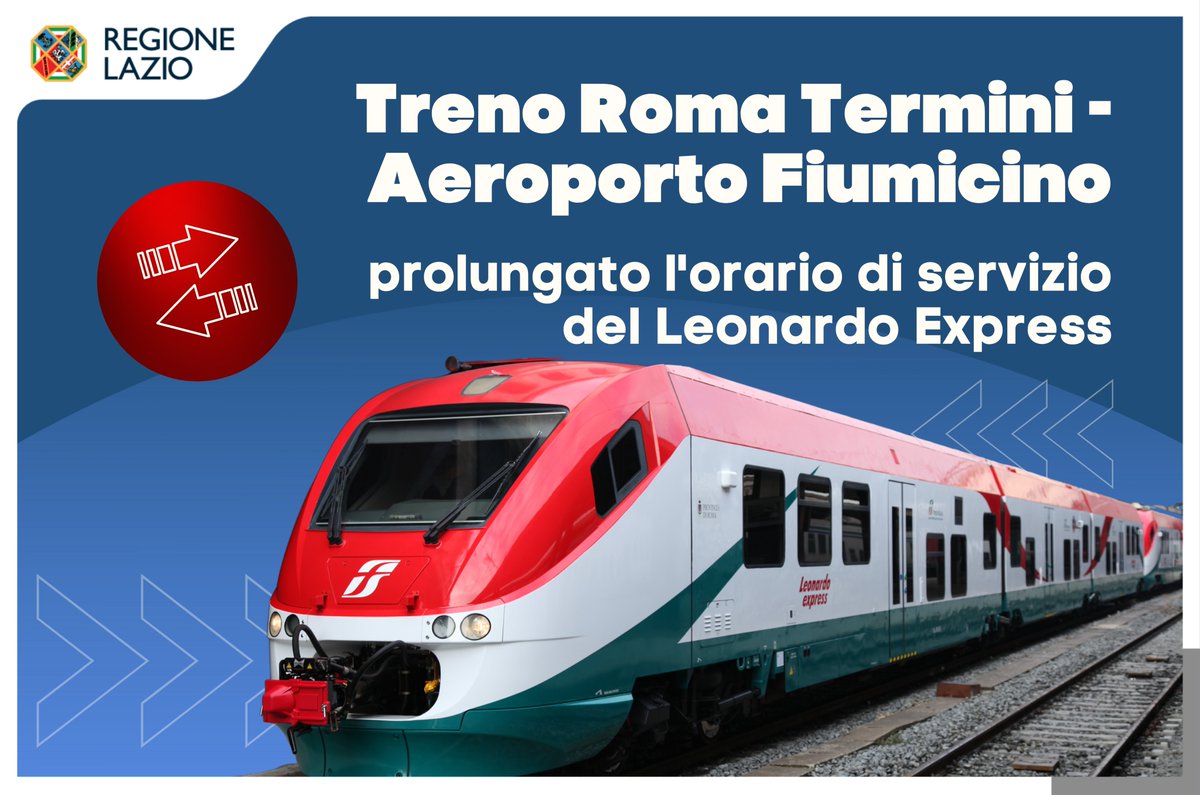 RegioneLazio's tweet image. 🚄 Novità per il Leonardo Express!

👉 Su iniziativa della Regione Lazio, da domani #18settembre si aggiungono due treni: il primo con partenza da #RomaTermini alle 23:35 e il secondo da #Fiumicino alle 00:23.

📝 Leggi la news sul sito tinyurl.com/3kmdmebn