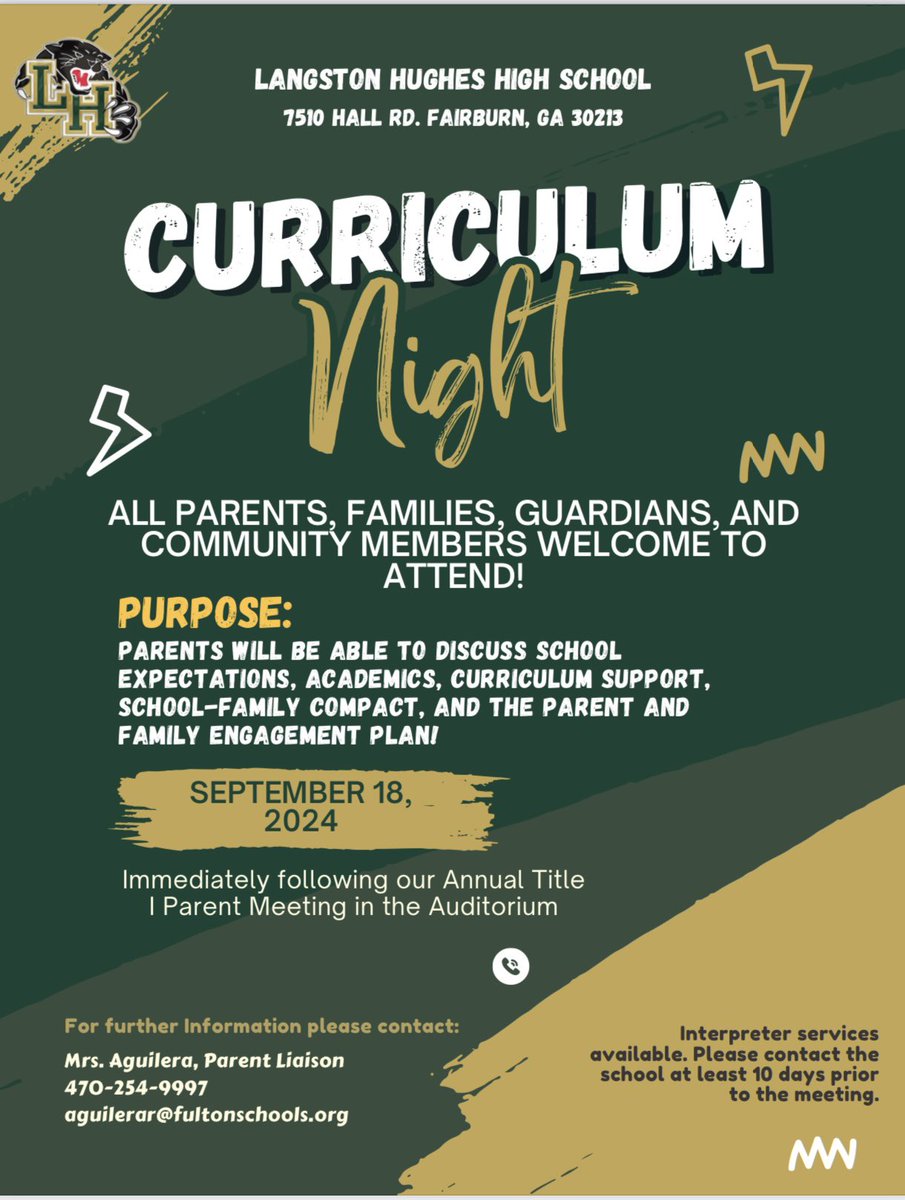 Don’t forget to join us this Wednesday for our Annual Title I Parent Meeting at 6PM! Curriculum Night will follow immediately after our Annual Title I Parent Meeting. <a href="/parents4edu_SF/">South Fulton Parents</a> <a href="/LHughesNews/">Langston Hughes High School</a>
