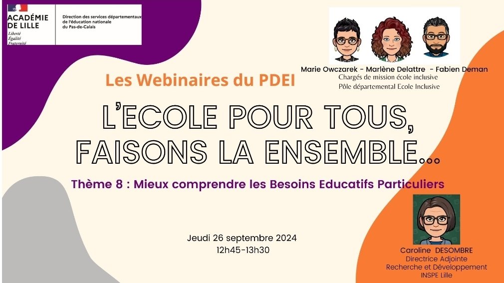 🗓 SAVE THE DATE: Webinaire PDEI
➡️ Le webinaire "Le PDEI vous parle!" devient "L'Ecole pour Tous, faisons-là ensemble!"
📅 Rendez-vous jeudi 26 septembre 2024 à 12h45 sur la thématique "Les Besoins Educatifs Particuliers (BEP)" pour une meilleure compréhension de ce concept.
