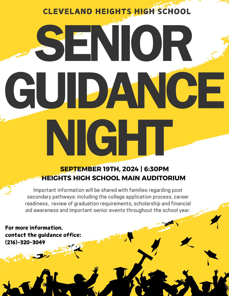 Heights High's 12th grade families are encouraged to attend Senior Guidance Night on Thursday, September 19 at 6:30 p.m. 

Important information will be shared with families such as graduation requirements, financial aid awareness, and important senior events throughout the year.