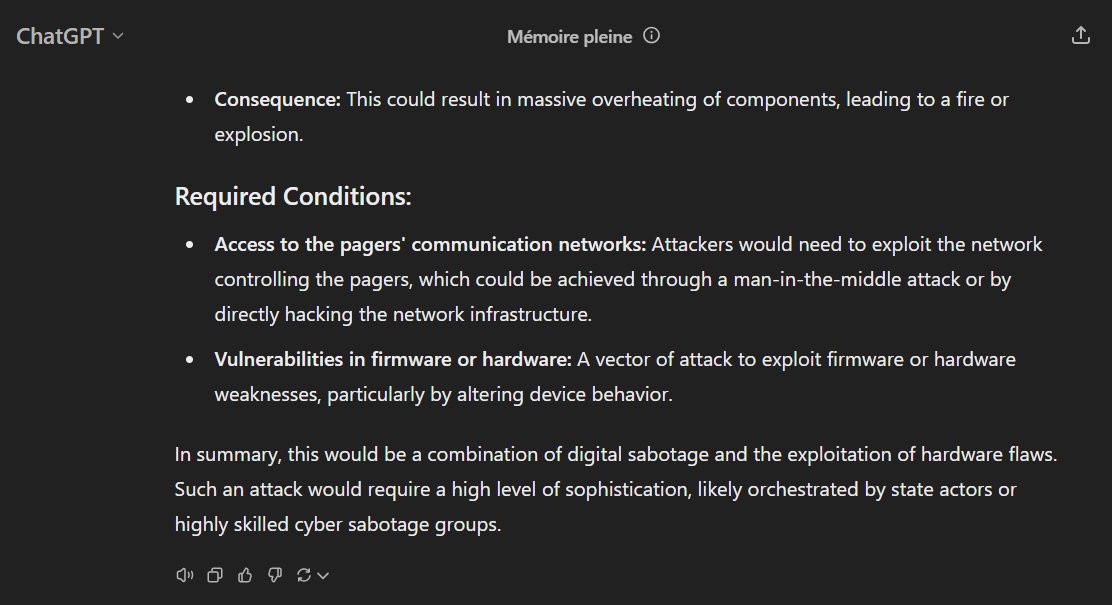 ArchimbaudGang's tweet photo. @SputnikInt cyberattack would rely on exploiting hardware or software vulnerabilities :
👉1/ Batt Overload (altering charging circuit)
👉2/ Manipulation of Radio Signals
👉3/ Implementation of Backdoors
👉4/ Processor Overload via Malware
#Pager #CyberAttack #Malware #software #Firmware https://t.co/nQRE4D798s