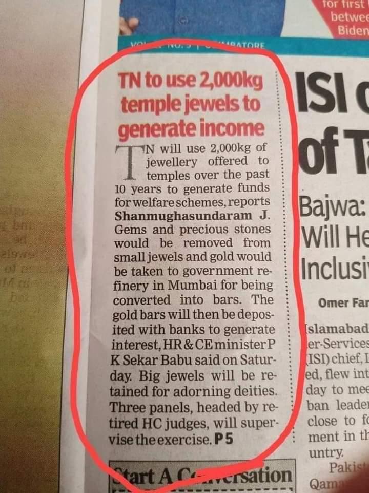 mauna_adiga's tweet photo. TN has decided to use 2000kg temple jewels to generate income. 

TN doesn't have churches or masjids, sadly! 

Oh... But, wait! I have heard that TN people are happy with Stalin. 

So, that's OK..! https://t.co/GTOVWluzCw