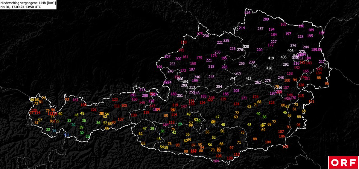 Die abschließenden Regenmengen dieser Jahrhundert-Wetterlage seit letzten Mittwoch [l/m²]:
428 Lilienfeld
419 St. Pölten
413 Lunz am See
406 Langenlebarn/Tulln
406 Buchberg
341 Weyer
341 Unterach am Attersee
340 Oberndorf a.d. Melk
332 Schwarzau im Freiwald
310 Wien Mariabrunn
