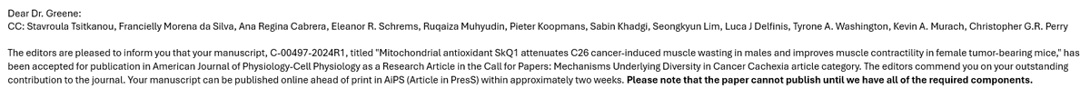 UA Cachexia Lab (@uacachexia) on Twitter photo Manuscript Acceptance Dance!
Congrats <a href="/STsitkanou/">Stavroula Tsitkanou</a> <a href="/Franmorena98/">Fran</a> <a href="/AReginaCabrera/">Regina_Cabrera</a> <a href="/KevinMurachPhD/">Kevin Murach</a> <a href="/eleanor_schrems/">Eleanor Schrems</a> <a href="/ChrisPerryMito/">Christopher Perry PhD</a> and all other coauthors!
Watch for Roula's outstanding work in <a href="/AJPCellPhys/">AJP-Cell Physiology</a> soon! Manuscript Acceptance Dance!
Congrats <a href="/STsitkanou/">Stavroula Tsitkanou</a> <a href="/Franmorena98/">Fran</a> <a href="/AReginaCabrera/">Regina_Cabrera</a> <a href="/KevinMurachPhD/">Kevin Murach</a> <a href="/eleanor_schrems/">Eleanor Schrems</a> <a href="/ChrisPerryMito/">Christopher Perry PhD</a> and all other coauthors!
Watch for Roula's outstanding work in <a href="/AJPCellPhys/">AJP-Cell Physiology</a> soon!