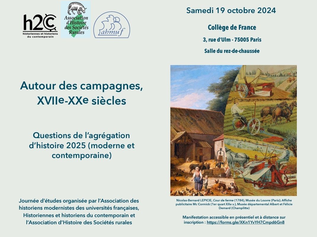 Unissant ses forces avec l'<a href="/histoiremoderne/">ahmuf</a> et l'Association d'histoire des sociétés rurales, H2C propose une journée d'études sur les questions d'agrégation en histoire moderne et contemporaine, le 19 octobre au Collège de France (site 3, rue d'Ulm)