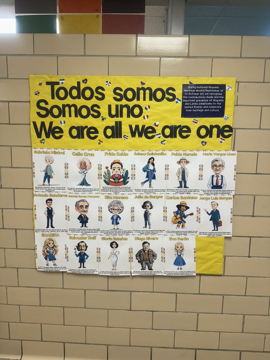 We have some amazing bulletin boards on display in celebration of Hispanic Heritage Month. So much talent within the walls of our school 💜💛