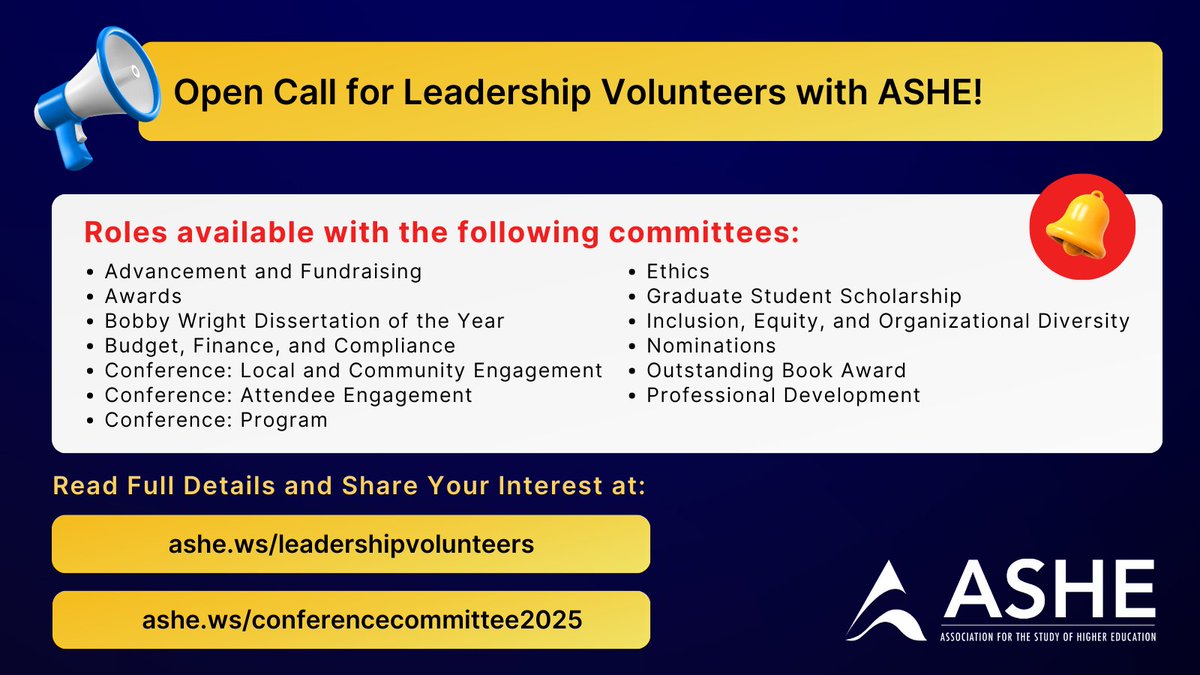 📄Reminder: Interest forms close this week for Committee Leadership Volunteer Opportunities! Make an impact in scholarly community with us.

📅 Share your interest by Thurs. 9/19 at Noon Central: ashe.ws/leadershipvolu… &amp; ashe.ws/conferencecomm…