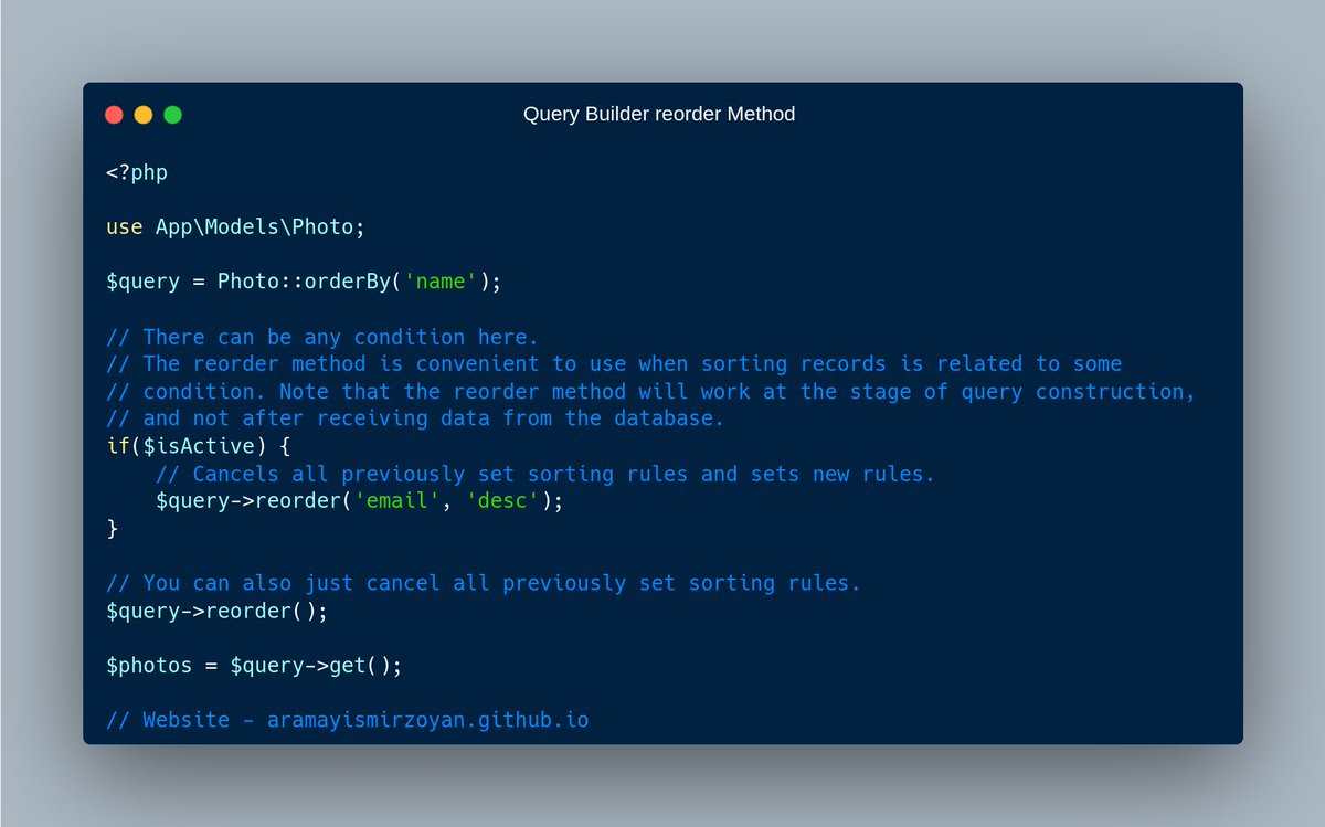 aramayis_m's tweet photo. Laravel Tip 💡

Cancel all previously set sorting rules in Query Builder

#laravel #php #backend #tip #readLaravelDocs https://t.co/KupSMpMgqF