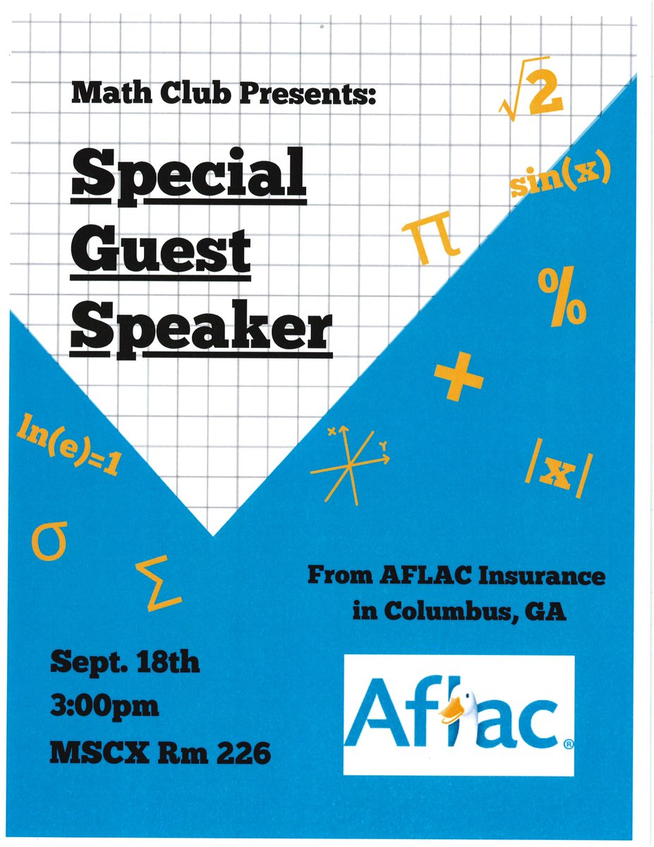 Tomorrow  we will have Jesse Vahjen from Aflac Insurance in Columbus at our Math  Club meeting give a talk about summer 2025 internship opportunities for  our students.