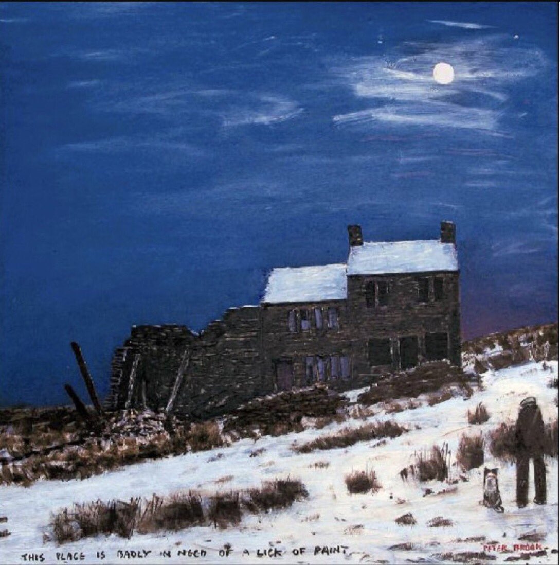 September’s full moon, the Harvest Moon, should be visible this evening. Peter Brook began experimenting with the effects of lunar light on his trademark Pennine ruins in the early 2000’s, producing a series of paintings like ‘This Place is Badly in Need of a Lick of Paint’.