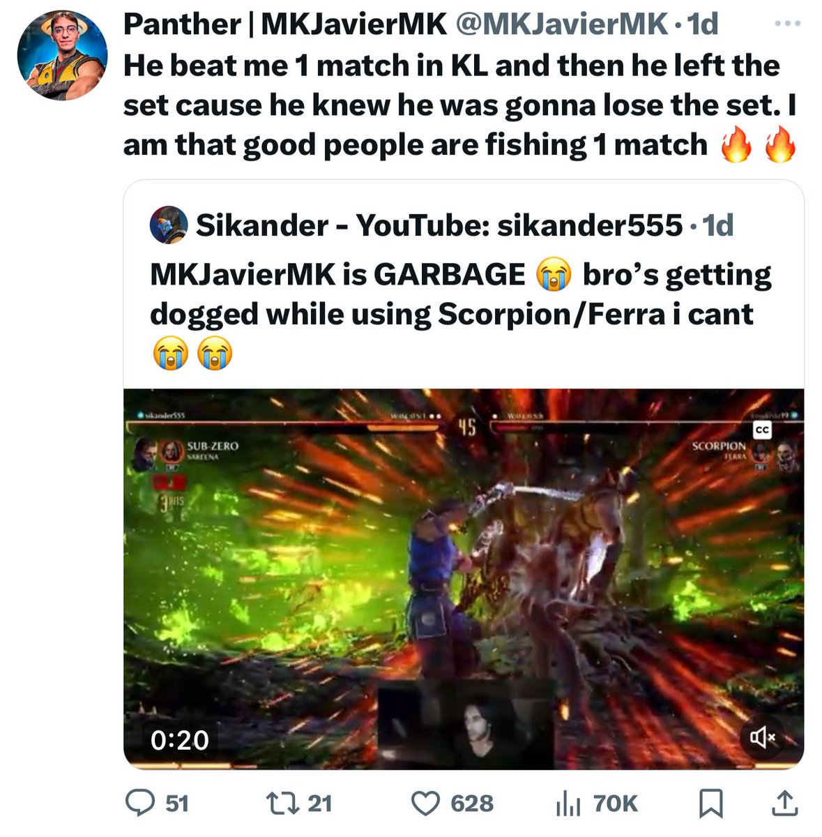 🩸 Calling all MK1 fans! We want to host an epic beef set between <a href="/MKJavierMK/">SYN | MKJavierMK</a>  and <a href="/sikander555A/">Sikander - YouTube: sikander555</a>  It’s a high-stakes first to 10 match with a $500 prize on the line! 💵 Will the players accept this  challenge? 🩸