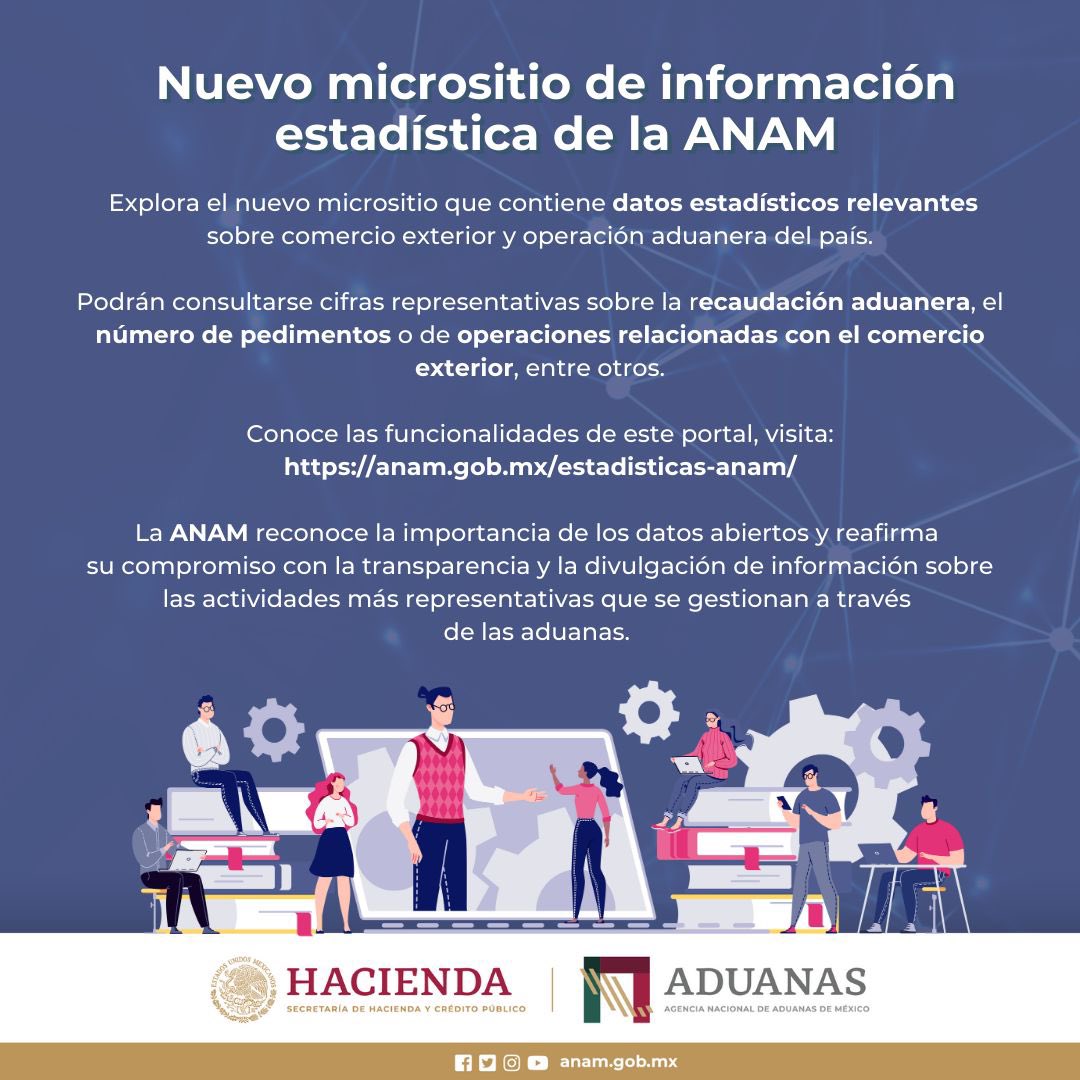 AduanasMx's tweet image. #ANAMInforma 🛂 
📊Consulta el #micrositio de información #estadística
💠Cifras sobre la #recaudación aduanera, el número de #pedimentos o de #operaciones relacionadas con el comercio exterior, entre otros.
✳️Importancia de los datos abiertos, la transparencia y la divulgación de