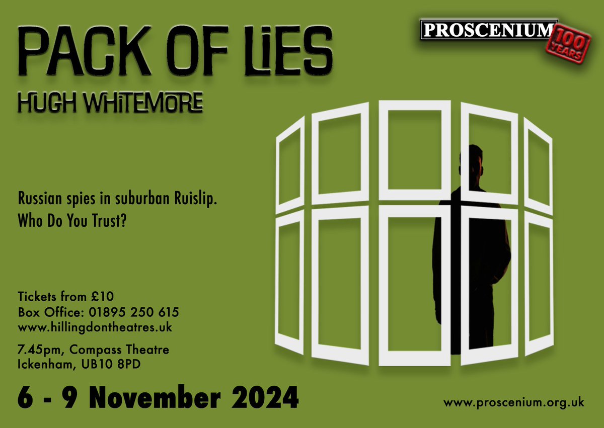 Our next production is Pack of Lies - a tale of Russian spies behind the net curtains in semi-detached Ruislip. Who do you trust?

Performances Wed 6 to Sat 9 November, 7.45pm. 
<a href="/Hill_Theatres/">Hillingdon Theatres</a> in Ickenham. Tickets £10-£16.

Book tickets: discover.hillingdon.gov.uk/pack-of-lies?e…