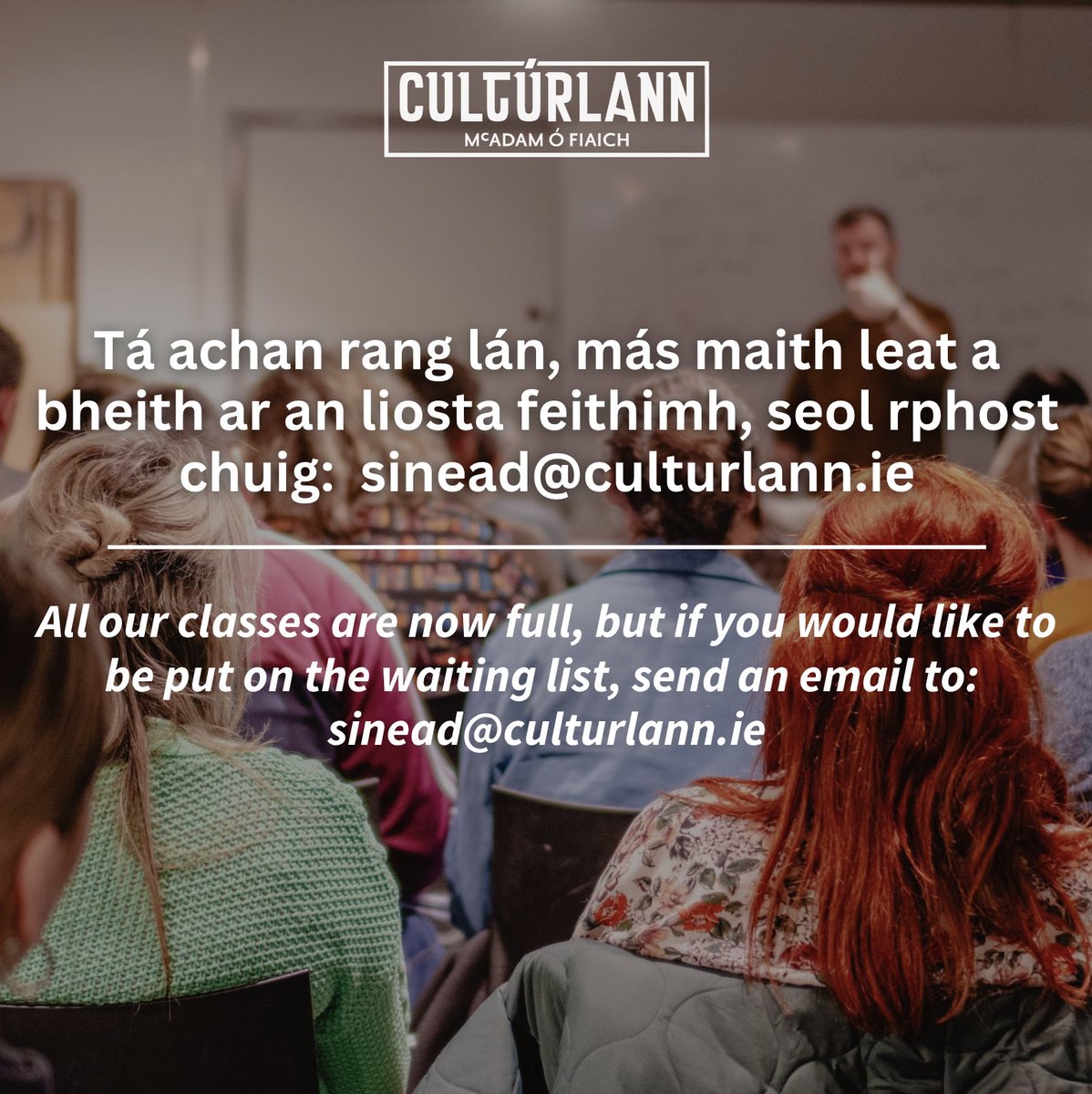Culturlann's tweet image. 🚨RANGANNA GAEILGE | IRISH CLASSES 🚨
Tá liosta feithimh cruthaithe againn do na daoine nach bhfuair spás an t-am seo. Má atá go leor daoine ar an liosta, déanfaidh muid ár seacht ndícheall rang breise a chur ar fáil daoibh!
TEAGMHÁIL/CONTACT: 📧 sinead@culturlann.ie