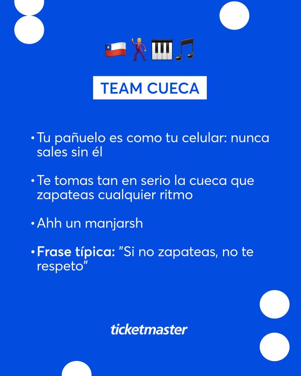 ticketmastercl's tweet image. Las #FiestasPatrias 🇨🇱 son inminentes y tenemos que decidir algo 👀

¿Qué prende más el ambiente, la cumbia o la cueca? Algunos dicen que sin cumbia no hay carrete 🥳 mientras que otros aseguran que la cueca corre por nuestras venas ❤️

¿Eres #TeamCumbia o #TeamCueca 🤔?