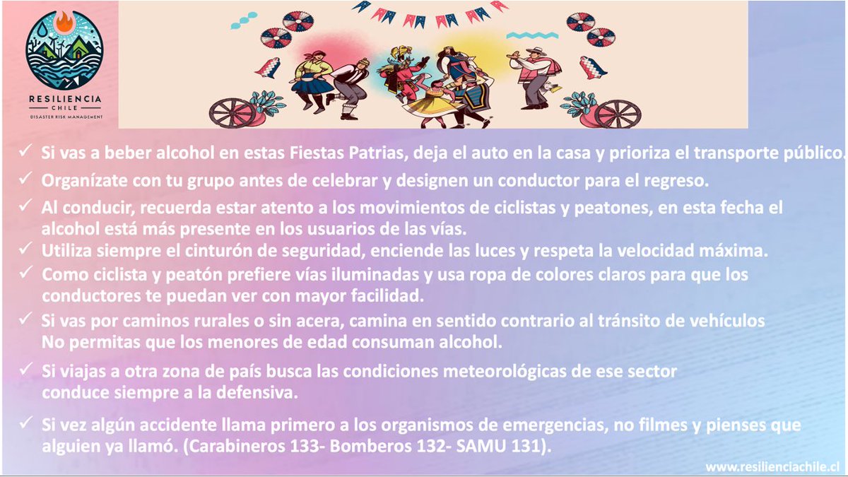 Achormazabal's tweet photo. Que tengas unas excelentes fiestas Patrias!!!!!! Sigue las siguientes recomendaciones que hemos preparado para que disfrutes lo mejor posible!!!!!!😀 También mira el resumen de avisos metereológicos para que estes preparado!!!! https://t.co/9wzuNcWoaf