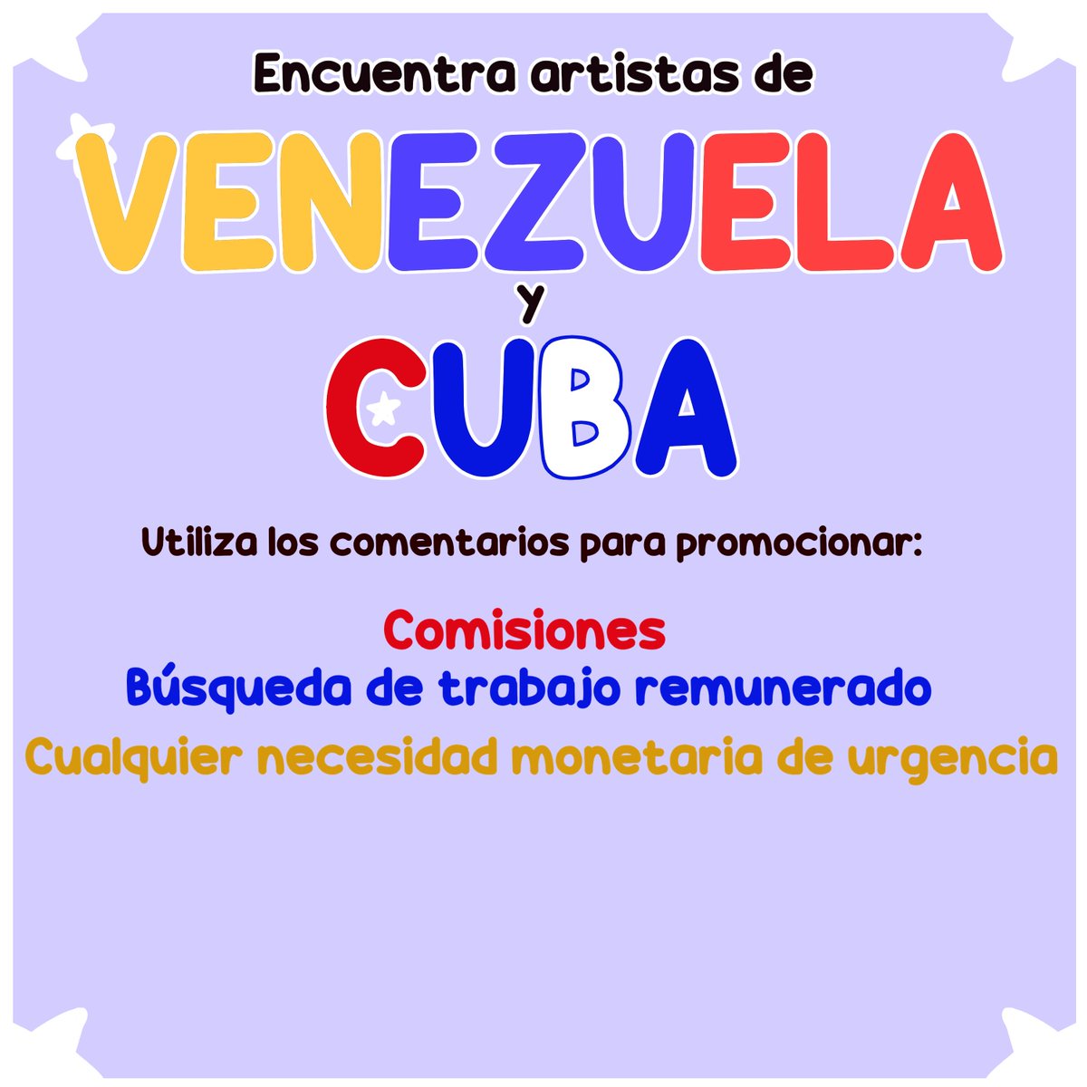 Euly_y's tweet photo. ENCUENTRA ARTISTAS VENEZOLANOS Y CUBANOS ACÁ!

Es de público conocimiento la situación que ambos paises están pasando, así que quise abrir este espacio para ayudar a promocionar a artistas 🇨🇺🤍🇻🇪

Por favor, si estás buscando artistas, considera trabajar con alguno de ellos! 💗 https://t.co/rwbLO66EiZ
