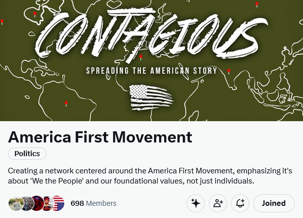 MAC_ARMY1's tweet image. Join the America First Movement!
x.com/i/communities/…

Michael Lynn Oliphant II
@TheRealMLOII

#AmericaFirstMovement #AFM #CONTAGIOUS #AmericaFirst #CollectiveWill #WethePeople
#AmericanLove #AmericaFirstNetwork