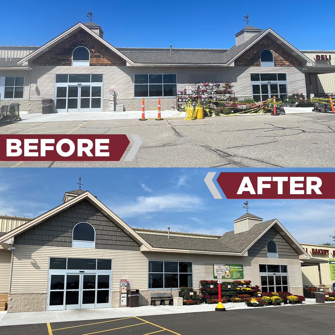 Retail Storefront Transformation Feature - Our Service team replaced old shakes with durable steel ones and added a new building wrap. These improvements enhance energy efficiency and restore the building’s longevity.