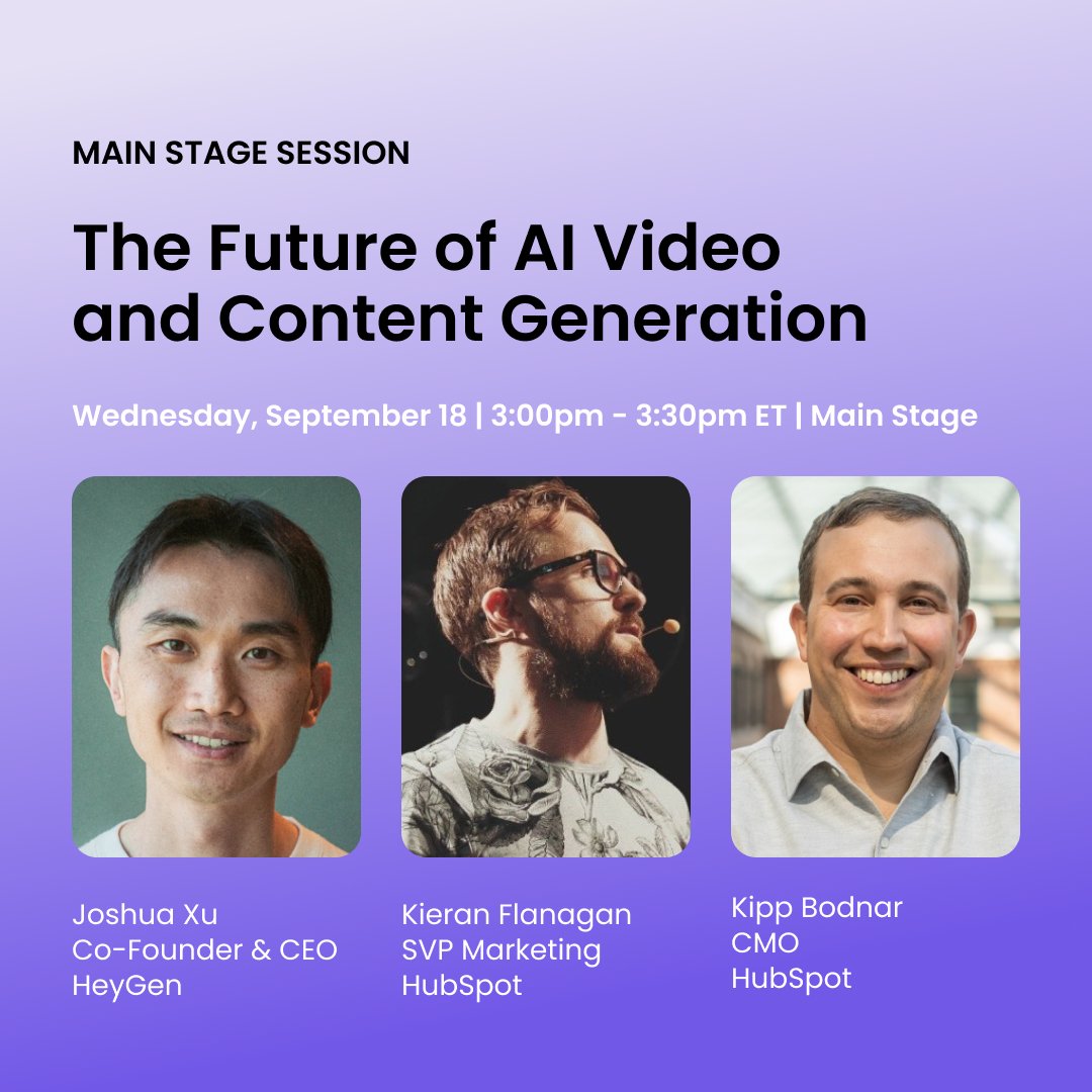HeyGen_Official's tweet image. Mark your calendars for an unmissable session at #HubSpotInbound:
"The Future of AI Video and Content Generation"
Our co-founder and CEO, Joshua Xu, will be sharing groundbreaking insights on AI-generated video and how it's reshaping the content landscape.