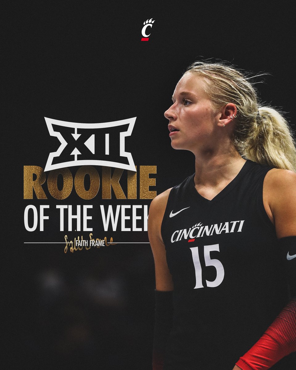 GoBearcatsVB's tweet image. Big 12 Rookie of the Week 👑 

Our freshman libero averaged a league-leading 5.14 digs per set to earn her first Big 12 weekly award!

#Bearcats | @Faith_Frame