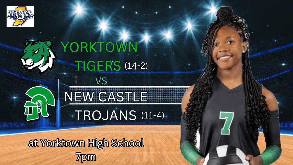 Yorktown Tigers (14-2) welcome the New Castle Trojans (11-4) tonight for a <a href="/HHCConference/">Hoosier Heritage Conference</a> battle at home.  JV starts at 6pm, varsity follows.  <a href="/ytownstrength/">Yorktown Strength</a> <a href="/YHSAthletics/">Yorktown Athletics</a> <a href="/YorktownHighSch/">Yorktown High School</a> <a href="/YHSSportsMed/">YHS Sports Medicine</a> <a href="/ihsvca/">IHSVCA</a> <a href="/HHCConference/">Hoosier Heritage Conference</a>