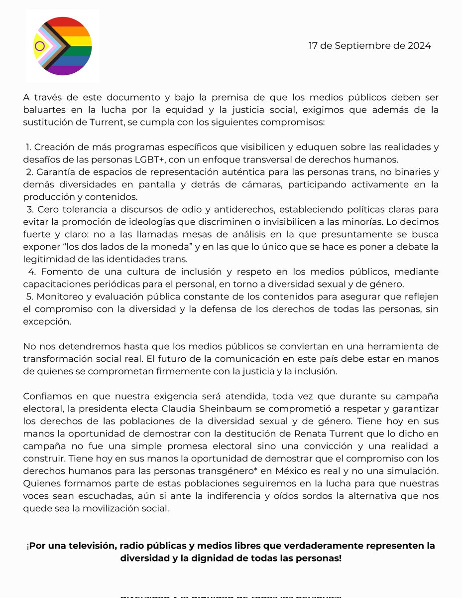 Manifestamos nuestra preocupación y rechazo al nombramiento de <a href="/rturrent/">Renata Turrent</a> como próxima directora de <a href="/CanalOnceTV/">Canal Once</a>, por el discurso transodiante que ha manifestado y respaldado en TV nacional, aquí un pronunciamiento firmado por más de 100 organizaciones y más de 350 personas 🏳️‍⚧️👇🏾