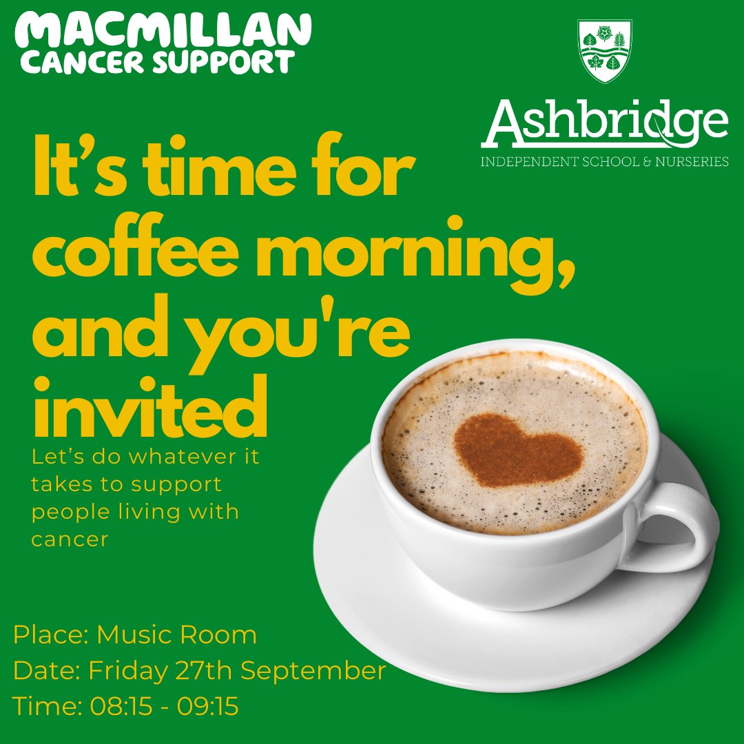 On behalf of the Pupil Leadership Team, we invite you to our annual Macmillan Breakfast taking place from 8.15am to 9.15am on Friday 27th September. 

#Macmillan #Coffeemorning #worldsbiggestcoffeemorning #standuptocancer