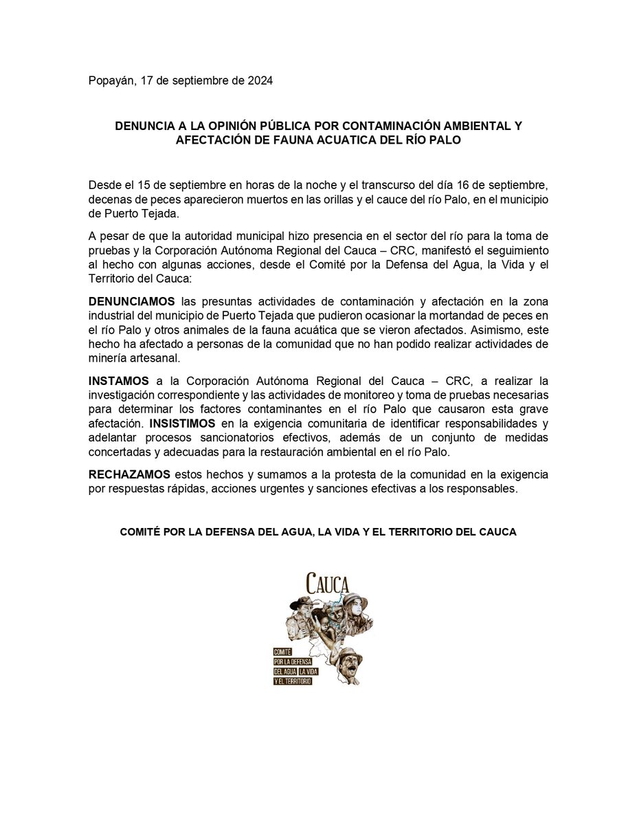 DENUNCIA PÚBLICA, PUERTO TEJADA, CAUCA

❗️Mortandad de peces, fauna acuática y mineros artesanales afectados desde el 15 de septiembre en el mpio de Puerto Tejada
Instamos a autoridades territoriales y ambientales a investigar causas y sancionar por daño ambiental en el Río Palo