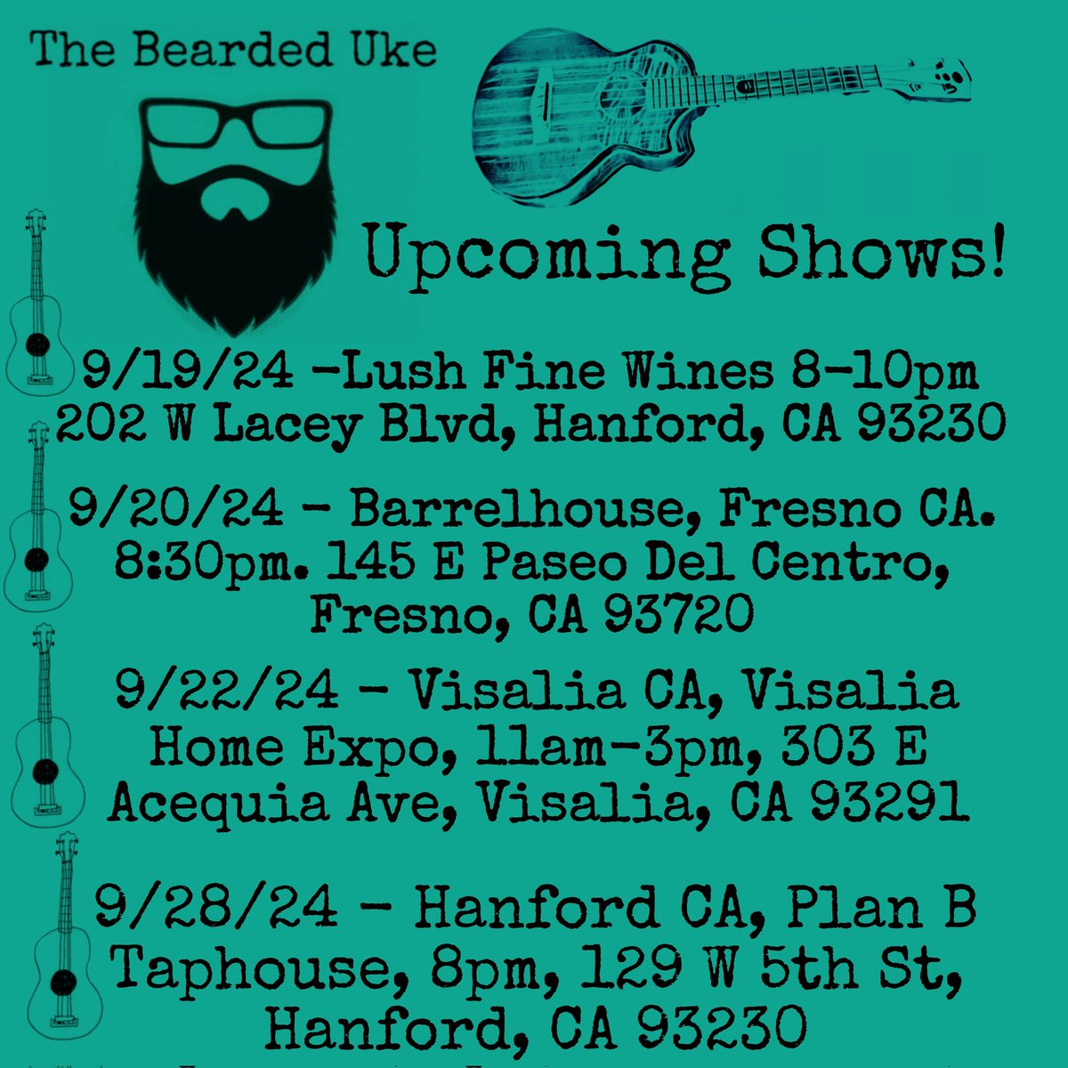 This upcoming lineup on the four strings! See you soon! Saludos!!!

#TheBeardrdUke #EdwardHernandez #Lineup #september #Ukulele