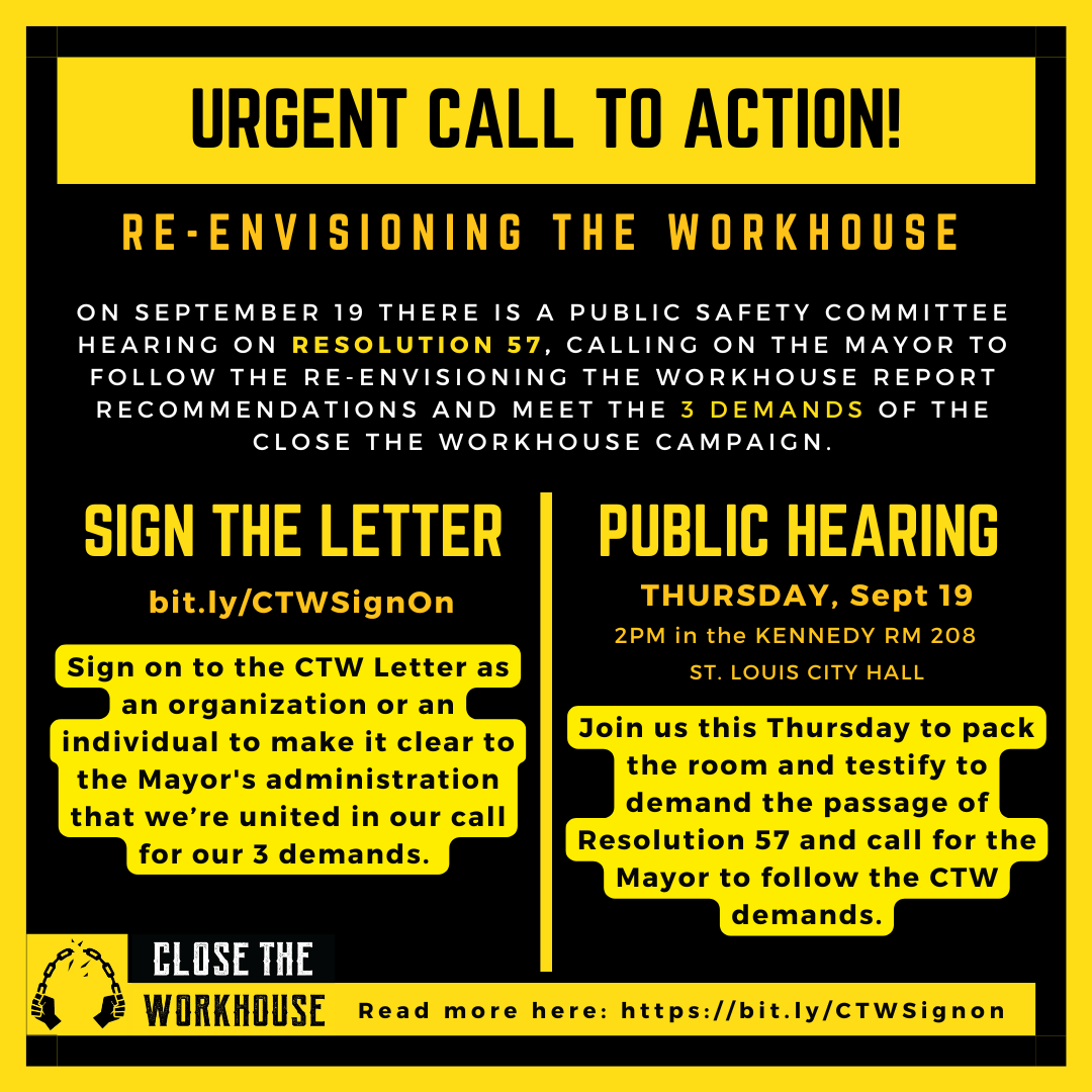CLOSEWorkhouse's tweet photo. Join the Close the Workhouse campaign at the Public Safety Committee on Thursday September 19th 2pm (City Hall room 208 to) demand the passing of Resolution 57 which calls on the Mayor to follow the recommendations of the Re-envisioning the Workhouse report while we continue to https://t.co/0suQIfyzJC