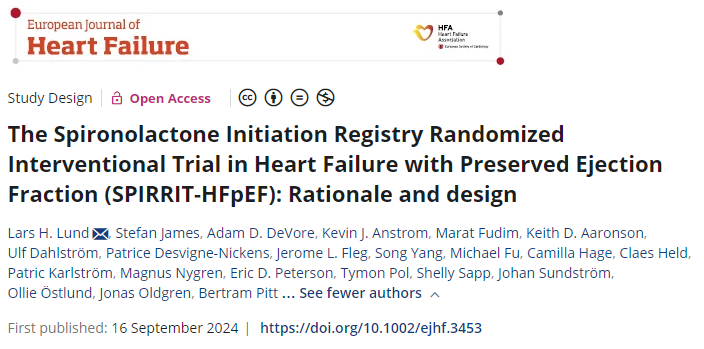 TymonPol's tweet photo. SPIRRIT-HFpEF - study design:
- First R-RCT in heart failure
- HF w/ LVEF ≥40%
- Open label spironolactone/eplerenone vs. usual care 
- ~2,400 pts
- Primary outcome: CV death + total HHF
- Results expected 2026/27

https://t.co/Ak8L7WxLgs https://t.co/vdELLx7oPy